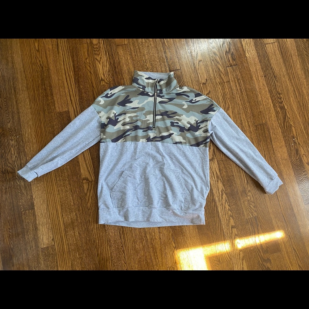 Quarter zip; Camo and gray; light layer